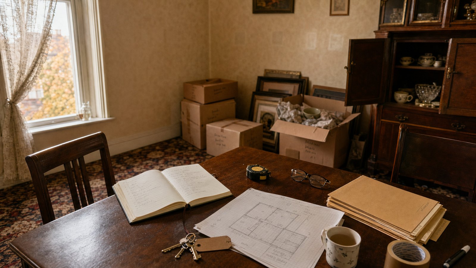 A dining table in an older Dublin home used as a working desk: an open notebook, a hand drawn floor plan, folders, house keys and a tape measure, with labelled boxes stacked behind.